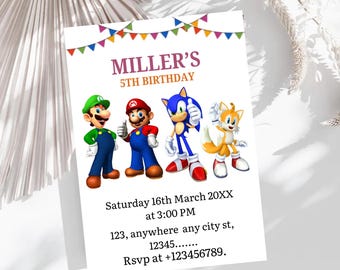 Convite de Aniversário do Sonic e do Mario | Convite para Festa de Aniversário com Tema de Videogame | Convite de Aniversário Infantil Editável do Sonic e do Mario | Download Digital