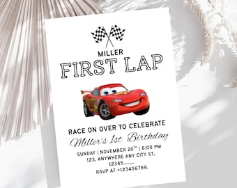 Convite de Aniversário "Primeira Volta na Pista" | Festa com Tema de Corrida | Modelo Digital Editável