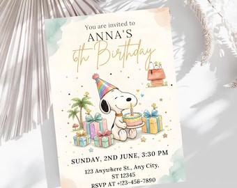 Convite de Aniversário do Snoopy, Editável no Canva, Festa de Aniversário dos Peanuts, Convite do Snoopy, Cartão de Convite dos Amigos dos Peanuts, Festa dos Peanuts