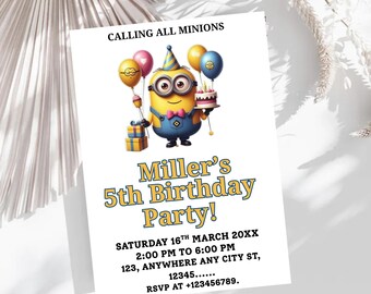 Editable Minions Birthday Party Invitation Template for Kids / Kids Minion Party Invitation Template / Kids Birthday Party Invitation