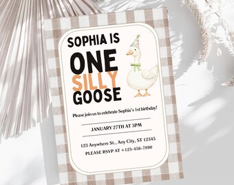 Editable one silly goose birthday invitation template girl 1st birthday invite, printable silly goose first birthday invitation, pink invite