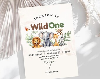 Safari First Birthday Evite, Wild One Birthday, 1st Birthday Digital Invite, Jungle First Birthday Evite, Jungle Animals Party Canva