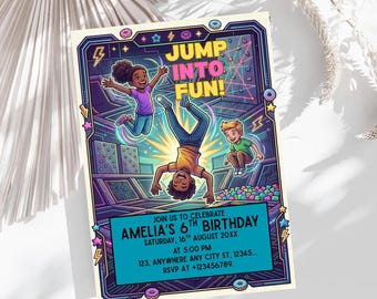 Convite de aniversário para parque de trampolins, convite para festa de pula-pula, cartão personalizado para festa infantil com tema de trampolins, cartão de aniversário personalizado com nome e idade.
