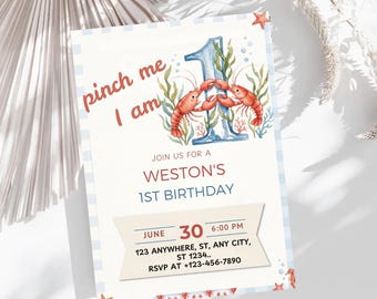 Convite de aniversário "Me belisque, já tenho um ano!", Convite para festa de aniversário com tema de lagosta, Modelo de Canva para festa de aniversário de 1 ano com tema náutico de lagosta