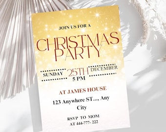 Gold Christmas Party Invitation Template, Editable Holiday Invite (Canva)