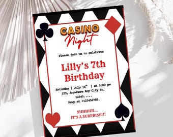 Invitación de cumpleaños de casino, fiesta de póker, plantilla editable (archivo PDF de 13 x 18 cm)