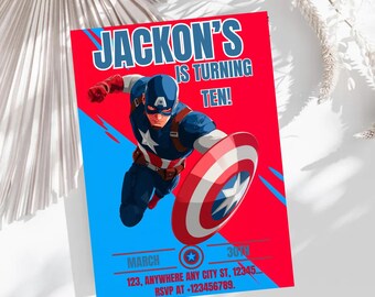 Invitación de cumpleaños del Capitán América, fiesta de los Vengadores, plantilla editable de Canva (descarga digital)