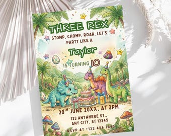 Convite de Aniversário com Tema de Dinossauro, Convite Editável para Aniversário do Três Rex, Festa de Aniversário de Menino com Tema de Dinossauro, Três Rex à Solta