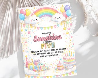 Convite de Aniversário de 4 Anos com Tema de Sol e Arco-Íris para Menina - Modelo Digital para Download Imediato - Festa com Tema de Sol e Arco-Íris em Tons Pastel