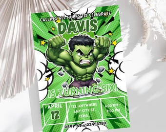 Convite de Aniversário do Hulk, Modelo Editável no Canva, Convite para Festa Smash, Tema de Super-Herói, Download Digital para o Menino Monstro Verde