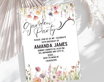 Convite de Aniversário com Flores Silvestres para Festa no Jardim, Convite Floral para Menina, Primavera, Editável, para Aniversário de 16, 18 e 21 Anos, Imprimível e Digital