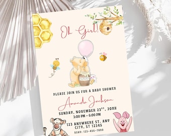 Editable Pink Winnie The Pooh Baby Shower Invitation (Digital)