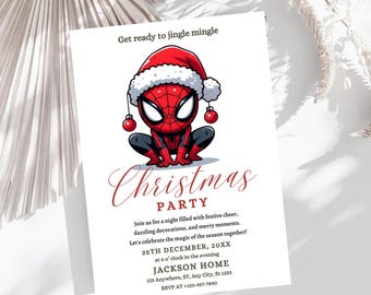 Convite de aniversário com tema do Homem-Aranha para o Natal, modelo editável (download digital)