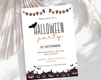 May include: A white Halloween party invitation with black and orange graphics. The invitation includes the text "HALLOWEEN party" and "31 OCTOBER". Decorative elements include bats, pumpkins, and a banner of Halloween-themed flags.