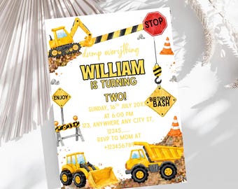 Convite de aniversário editável com tema de caminhão de construção, convite para festa temática de construção, para crianças de todas as idades, modelo imprimível do Canva.