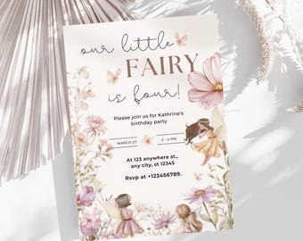 Fairy First Birthday Invitation, Boho Garden, Editable Template