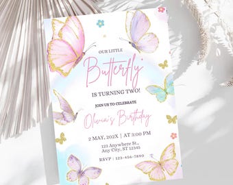 Butterfly Birthday Canva Invite Template, Watercolor Girl Birthday Party, Editable Butterfly Party Invitation, First Birthday