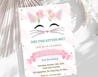 Kitten Birthday Invitation Editable Cute Cat Girl Bday Party Invite Template Are You Kitten Me Right Meow Baby Pink Girl Instant Digital