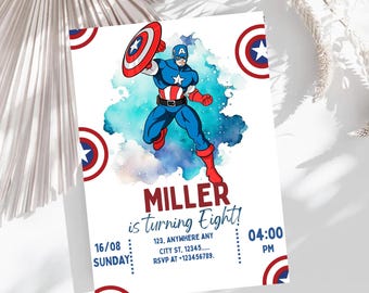 Convite de aniversário editável para festa temática dos Vingadores e Capitão América - Super-heróis - Imprimível