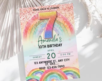 Convite de aniversário para menina, modelo editável para imprimir com lantejoulas coloridas e glitter para festa de meninas, convite de aniversário rosa para meninas.