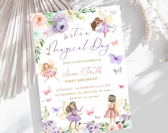 Fairy Theme First Birthday Invitation Girl, Boho Fairy 1st Birthday Invite, Garden, Enchanted Garden Fairy Invitation, Editable Template