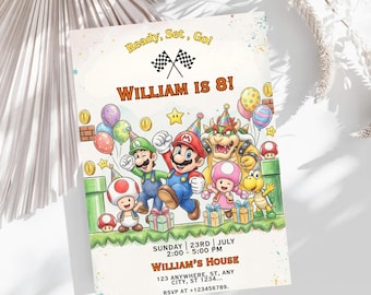 Convite editável do Super Mario, convite de aniversário do Mario Bros, convites de festa de aniversário para imprimir, modelo de convite de aniversário digital