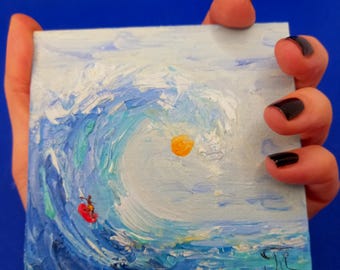 Oil painting "Wave" with wooden stand, 100% handmade, 4×4 in