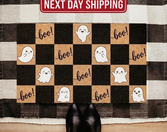 Ghost Checkerboard Doormat, Boo Halloween Porch Decor