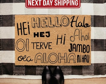 Multilingual Hello Doormat, Coir Welcome Mat, Outdoor Entryway Mat