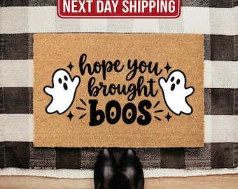 Felpudo divertido de Halloween con diseño de fantasma, ¡Espero que hayas traído sustos!, Alfombra espeluznante para exteriores.
