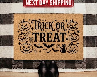Trick or Treat Doormat, Halloween Pumpkin Welcome Mat, Black Cat Outdoor Rug