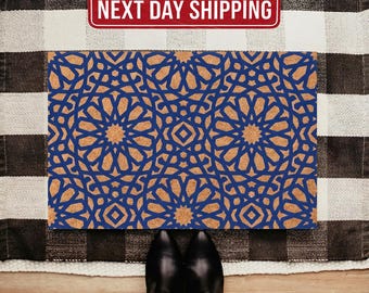 Blue Geometric Coir Doormat, Moroccan Pattern Welcome Mat, Outdoor Floor Mat (18"x30")