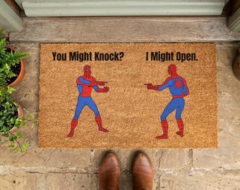 You Might Knock? I Might Open. Spider Meme Doormat, Spiderman Hero Inspired Rug, Funny Comic