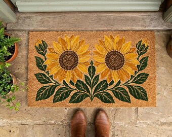 Sunflower Doormat, Floral Coir Welcome Mat, Summer Entryway Decor