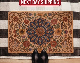 Boho Floral Mandala Doormat, Earthy Cottagecore Welcome Mat, Natural Coir Rug