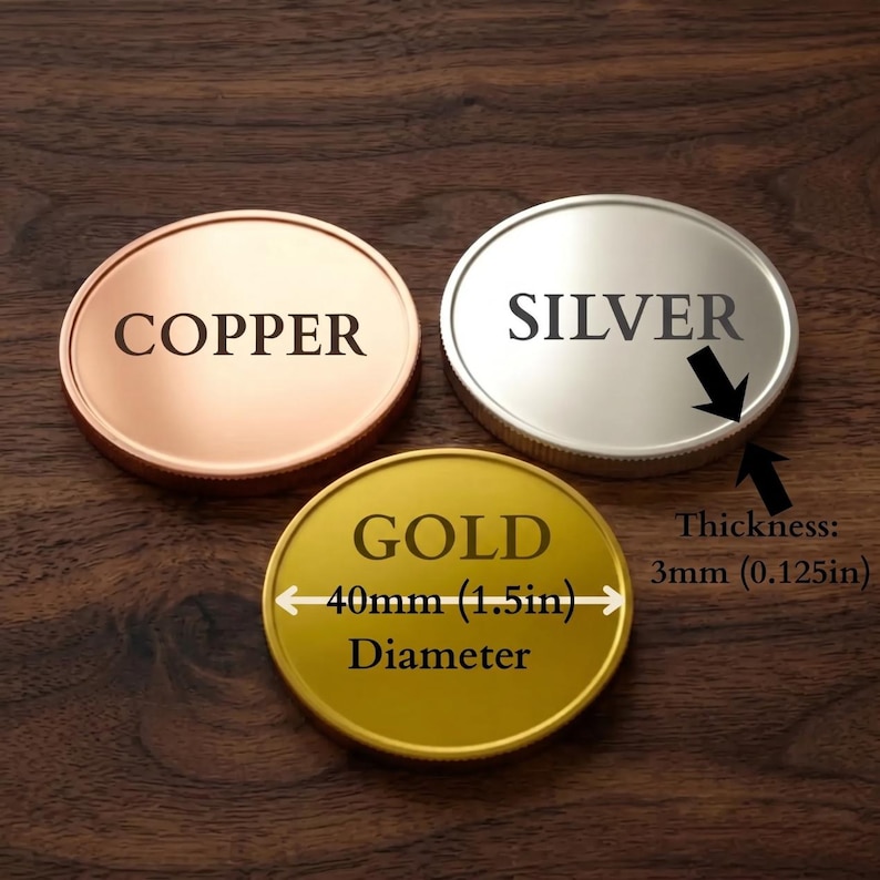 Puede incluir: Se muestran tres objetos met&aacute;licos redondos etiquetados como "COBRE", "PLATA" y "ORO". El objeto dorado tiene un di&aacute;metro de 40 mm (1,5 pulgadas) y un grosor de 3 mm (0,125 pulgadas). Los objetos est&aacute;n sobre una superficie de madera.