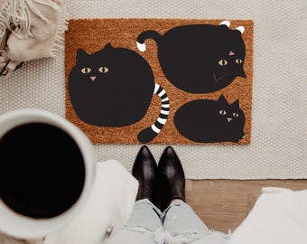 Funny Black Fat Cats Doormat, Cat Mom-Dad Housewarming Entry Rug, Unique Pet Outdoor Rug