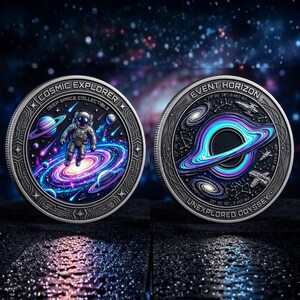 Puede incluir: Dos monedas de colecci&oacute;n plateadas con dise&ntilde;os detallados de tem&aacute;tica espacial. Una moneda presenta un astronauta en una nebulosa, la otra un agujero negro. El texto incluye "Cosmic Explorer" y "Event Horizon".