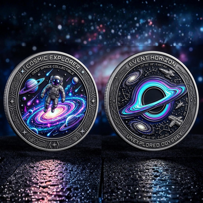 Puede incluir: Dos monedas de colecci&oacute;n plateadas con dise&ntilde;os detallados de tem&aacute;tica espacial. Una moneda presenta un astronauta en una nebulosa, la otra un agujero negro. El texto incluye "Cosmic Explorer" y "Event Horizon".