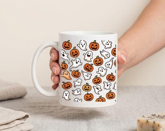 Pumpkin Ghost Halloween Mug, Spooky Fall Coffee Cup