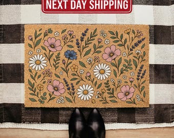 Floral Doormat, Wildflower Coir Welcome Mat, Spring Outdoor Rug