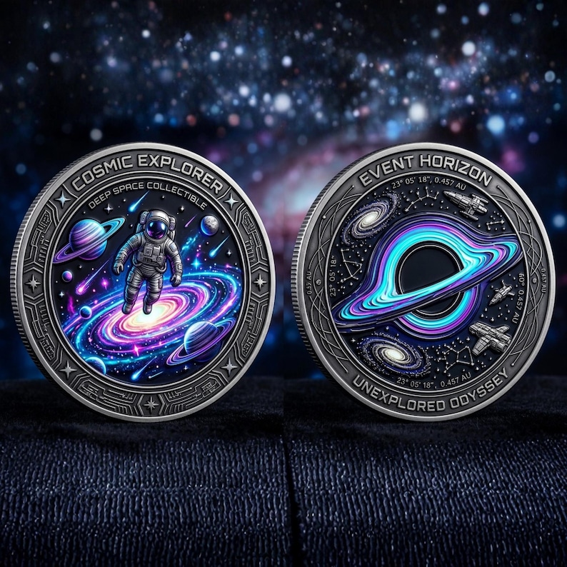 Puede incluir: Dos monedas de colecci&oacute;n plateadas con dise&ntilde;os espaciales. Una moneda presenta un astronauta y una galaxia, la otra un agujero negro. El texto incluye "COSMIC EXPLORER" y "EVENT HORIZON".