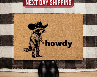 Raccoon Cowboy Howdy Doormat, Funny Western Coir Welcome Mat