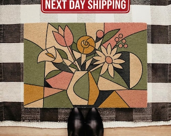 Floral Abstract Doormat, Boho Coir Door Mat, Geometric Flower Outdoor Rug, Spring Porch Decor