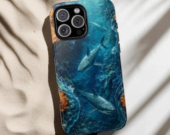 Shark faux wood resin phone case, Ocean waves 3D look case, Coastal water cover, Summer vibes case, Gift for fih lovers, Gift for sea lovers