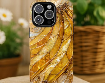 Banana faux stained glass phone case, Summer fruit case, Spring cottage core cover, Iridescent garden lover case, Whimsical banana cover