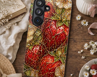 Strawberries faux stained glass phone case, Cottage core fruit and flower case, Spring summer strawberry floral cover, Garden lovers gift