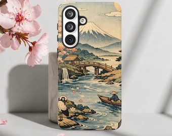 Mount fuji Japanese style phone case, Ukiyo-e koi river aesthetic case, Traditional Japan art cover, Cottagecore classic nature lover case