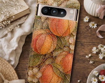 Cottage core peach and flower phone case, Spring faux stained glass floral case, Garden lover summer cover, Iridescent fruit wildflower case