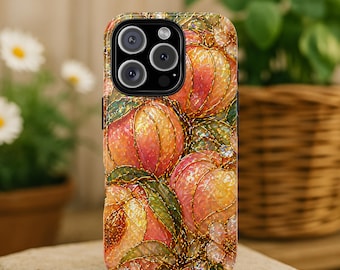 Peach faux stained glass phone case, Spring fruit and flowers case, Summer cottagecore peach and floral cover, Iridescent garden lover case
